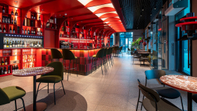 The bar and seating at Chin Chin wine bar in Tallinn, Estonia.