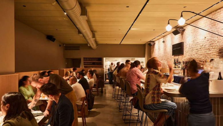 Interior of Chambers restaurant, New York, USA.
