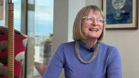 Jancis Robinson pictured at home - promotion for Jancis Robinson MW with wine glasses - Star Wine List's Inspiration Day Stockholm