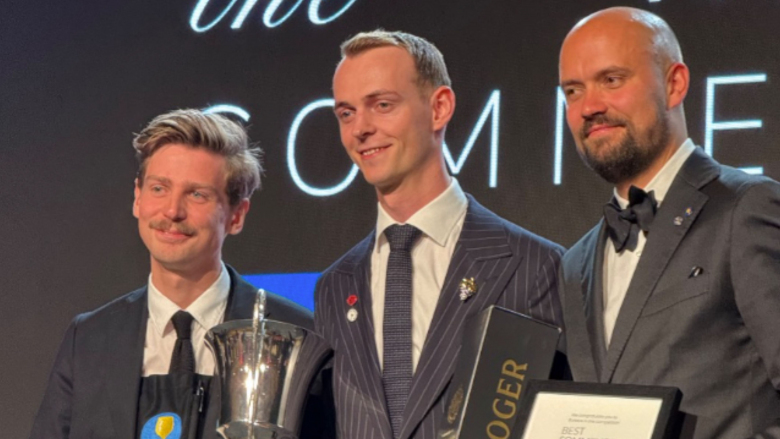 The three finalists in the Best Sommelier of the Nordics competition 2025, holding their trophies and certificates.