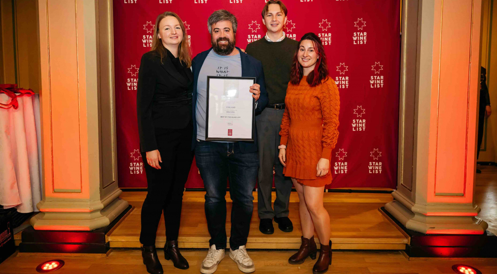 Vinland’s Kata Toruk-Ambros, Francesco Marzola and Daniel Berg-Johansen with Nadine Røste Sørlle, representing Riedel. Photo by Erik Krafft.