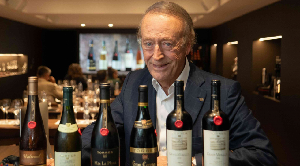 Former President of Familia Torres, Miguel A. Torres, with the 2024 Private Collection of wines.