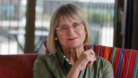 Jancis Robinson pictured at home - promotion for Jancis Robinson MW with wine glasses - Star Wine List's Inspiration Day Stockholm
