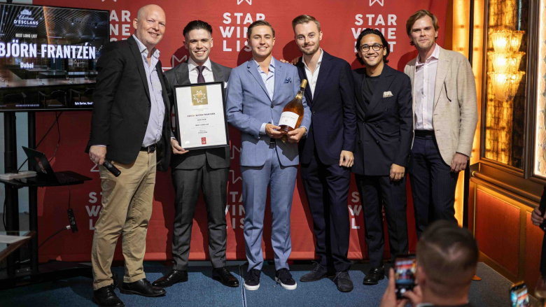 Star Wine List’s Krister Bengtsson with Kyle Barton, William Laturnus, a sommelier, and Christopher Sachse of FZN by Björn Frantzén, and Gustavo Klaebisch representing Château d’Esclans. Photo by Francois van Eck.
