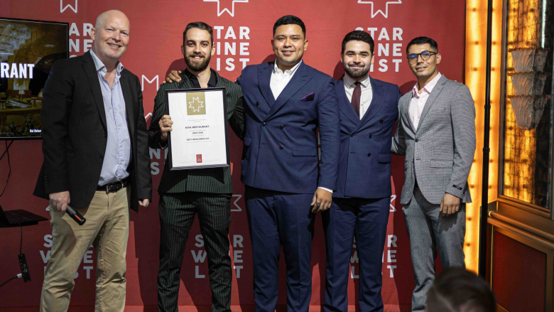 Star Wine List’s Krister Bengtsson with Rui Belem, Jorge Rios, Marcos Nogueira and Jonatan Sanchez of Kira Restaurant. Photo by Francois van Eck.