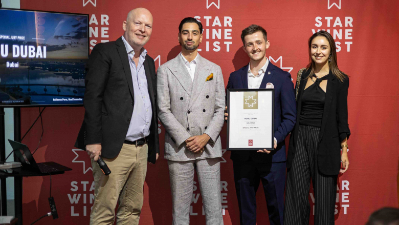 Krister Bengtsson, Star Wine List, with Nobu Dubai’s Guillermo Perez, Joshua Ellershaw and Sarah Le Guen. Photo by Francois van Eck.