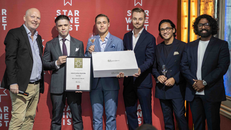 Star Wine List’s Krister Bengtsson with Kyle Barton, William Laturnus, a sommelier, and Christopher Sachse of FZN by Björn Frantzén, and Perrier-Jouët’s Amal Raj Raja Mohan. Photo by Francois van Eck.