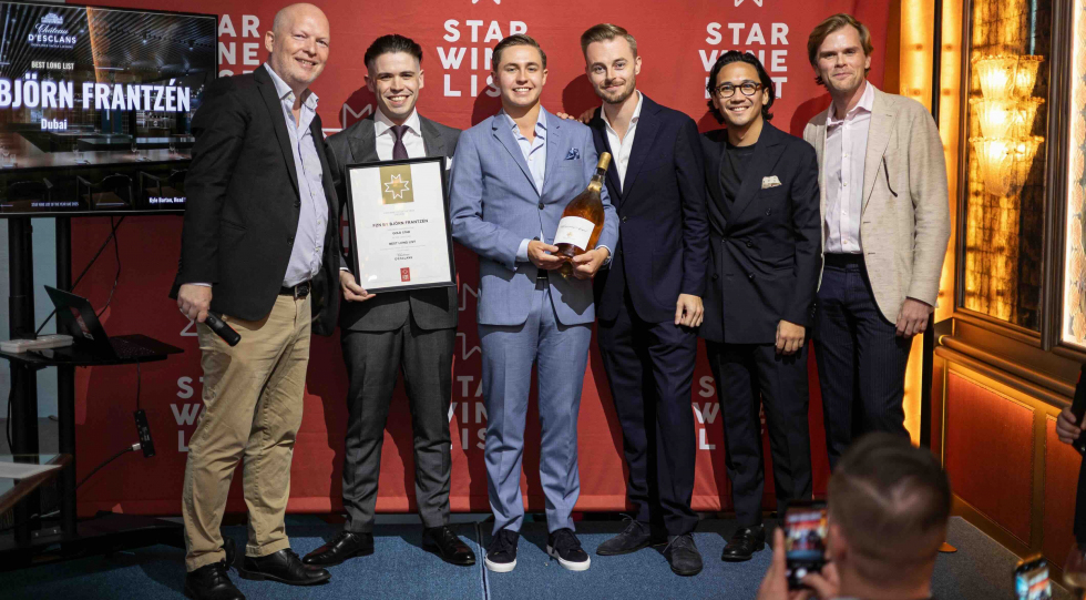 Star Wine List’s Krister Bengtsson with Kyle Barton, William Laturnus, Gilles Guisson and Christopher Sachse of FZN by Björn Frantzén, and Gustavo Klaebisch representing Château d’Esclans. Photo by Francois van Eck.