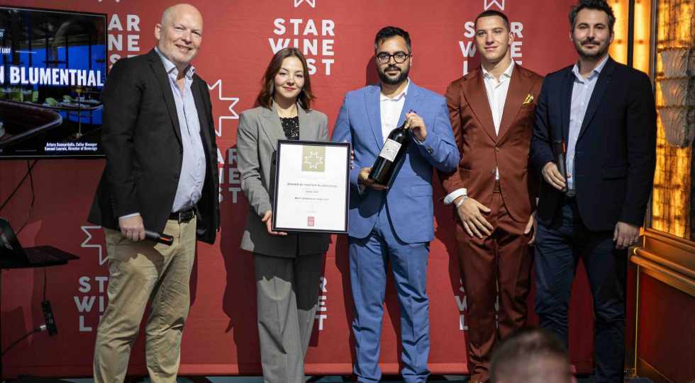 Krister Bengtsson with Dinner by Heston Blumenthal’s Iuliia Nedumova, Arturo Scamardella and Alfredo Viola, and Julien Brustis of Château Tour des Termes. Photo by Francois van Eck.