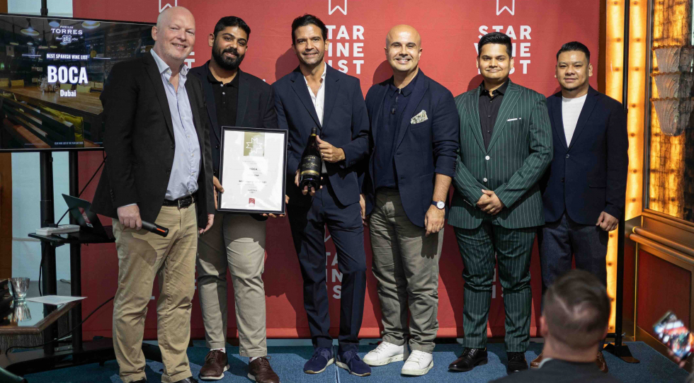Krister Bengtsson, Star Wine List, with Shiv Menon, BOCA, Salim Frederic Isler representing Familia Torres, and BOCA’s Omar Shihab, Bryan Jamon and Sujith Sundar. Photo by Francois van Eck.