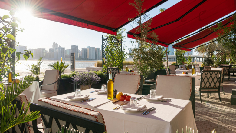 The waterside terrace at LPM Abu Dhabi restaurant in the United Arab Emirates.