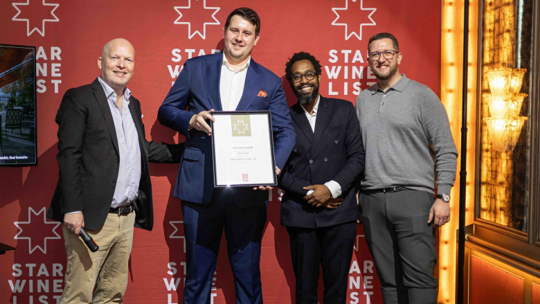 Ognjen Samardzic (second from left) with Star Wine List’s Krister Bengtsson (left) and LPM colleagues Gregg Lambert and Gautier Le Dinahet at Star Wine List of the Year UAE 2025. Photo by Francois van Eck.