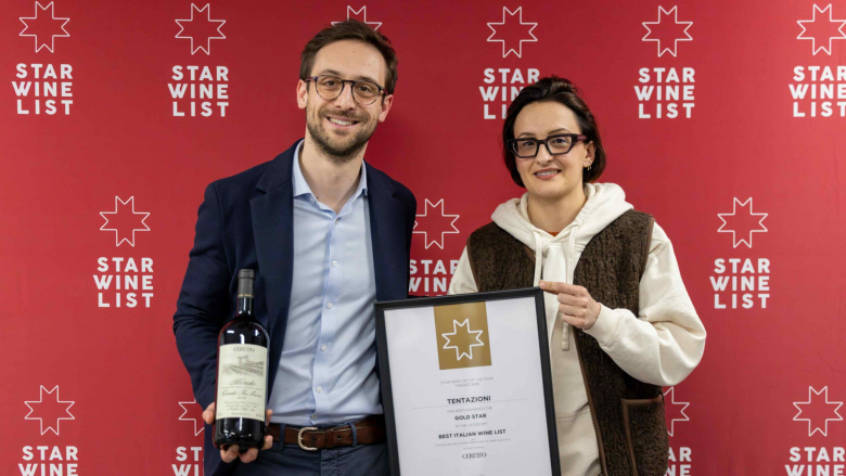 Mattia Pagliasso of Ceretto with Sarah Bodianu, acting on behalf of Tentazioni. Photo by Studio BaALT.