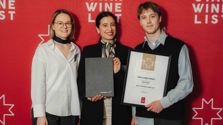 Austrian Wine’s Brigitta Virág with Alice Bracaglia and Christophe Poulin of Newcomer Wines. Photo by HDG Photography.