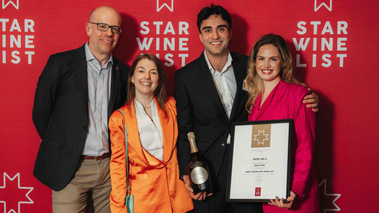 Adam Guy, of Champagne Laurent-Perrier, with Row on 5’s Roxane Dupuy, Jash Pooni and Lily Barlow. Photo by HDG Photography.
