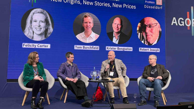 Felicity Carter, Tom Burchfield, Krister Bengtsson and Robert Joseph discuss fine wine ProWein Düsseldorf. Photo by Star Wine List.