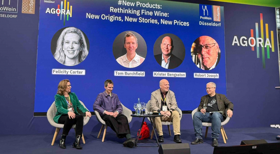 Felicity Carter, Tom Burchfield, Krister Bengtsson and Robert Joseph take part in a panel discussion at ProWein Düsseldorf 2026.