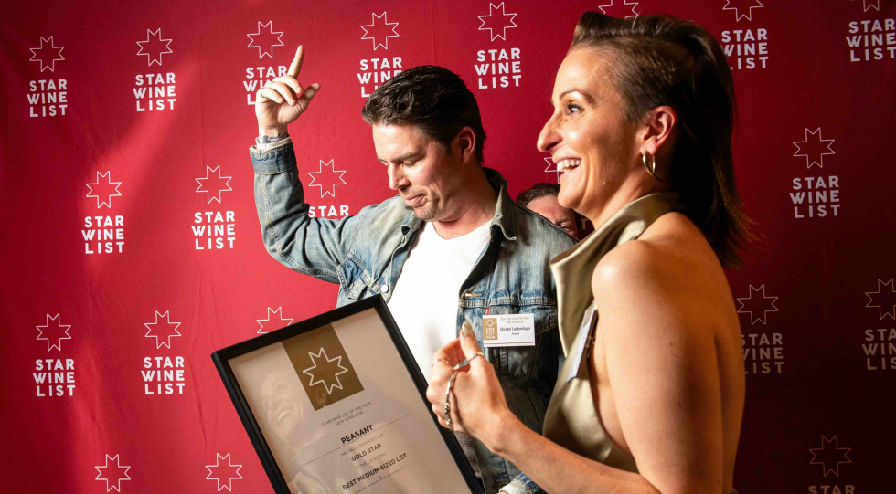 Peasant’s Michael Laudenslager and Cara Forgione accept their Gold Star at Star Wine List of the Year New York 2026