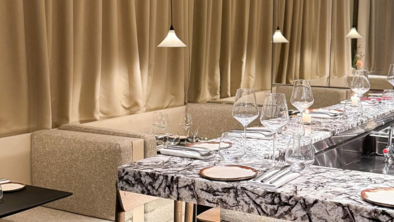 Bar counter at Babi restaurant, Paris, France.