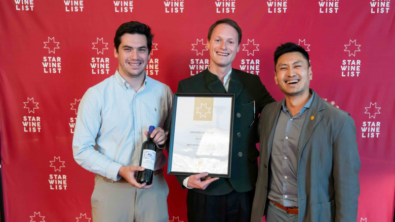 Alexandre Perrin, of Château Tour des Termes, with Stefan Klettner of Griggeler Stuba im Burg Vital Resort, Lech, and Stephen Wong MW. Photo by Robert Herbst.