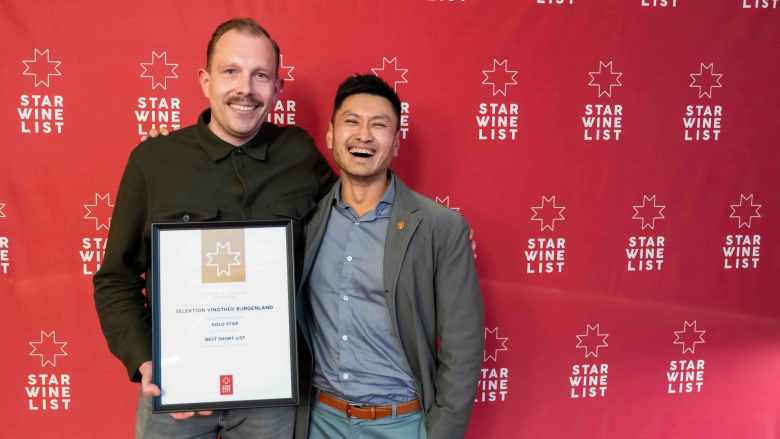 Alexander Seiser of Selektion Vinothek Burgenland, Eisenstadt, with Stephen Wong MW. Photo by Robert Herbst.