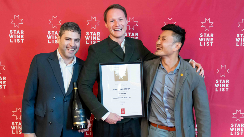 Jaume Xifre, of Familia Torres, with Stefan Klettner, of Griggeler Stuba im Burg Vital Resort, Lech, and Stephen Wong MW. Photo by Robert Herbst.