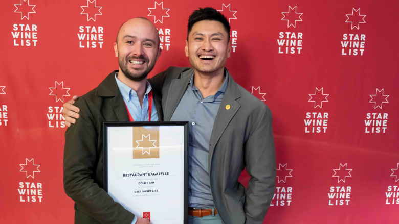 Felix Genzmer of Restaurant Bagatelle, Trier, with Stephen Wong MW. Photo by Robert Herbst.