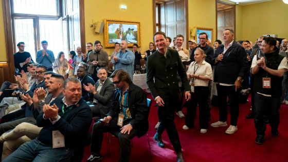 Stefan Klettner of Griggeler Stuba im Burg Vital Resort heads up onto the stage to accept one of three Gold Stars at Star Wine List of the Year Germany-Austria-Switzerland 2026, in Vienna, May 2026. Photo by Robert Herbst.