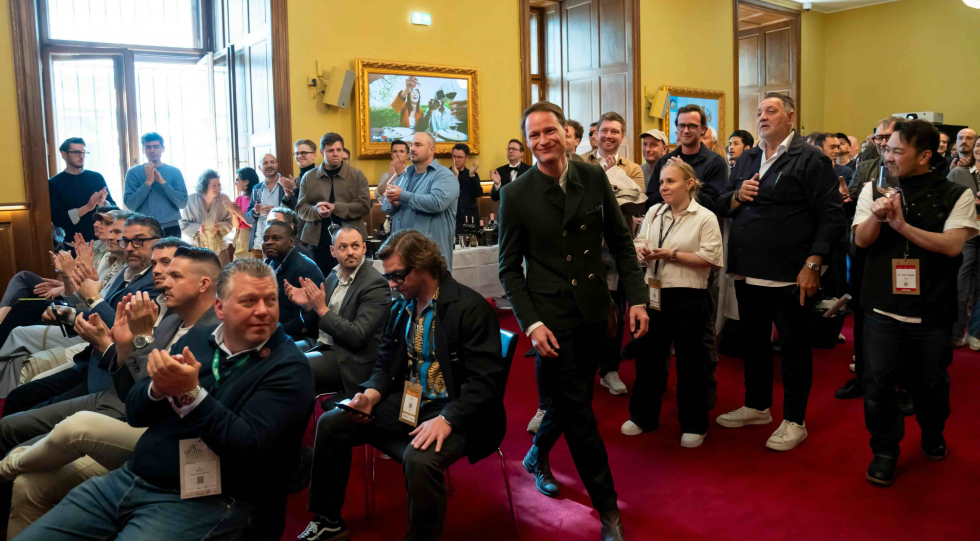 Stefan Klettner of Griggeler Stuba im Burg Vital Resort heads up onto the stage to accept one of three Gold Stars at Star Wine List of the Year Germany-Austria-Switzerland 2026, in Vienna, May 2026. Photo by Robert Herbst.