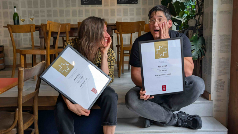 Lidia Pusterla and Kai Keong Ng of 169 West, Zurich, Switzerland with their Star Wine List of the Year Gold Star certificates.