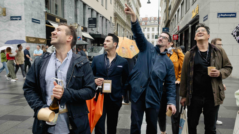 Kai Keong Ng (far right) with the rest of Team Chardonnay at the Star Wine List of the Year Global Final 2025, in Vienna. Photo by Anna Stöcher.