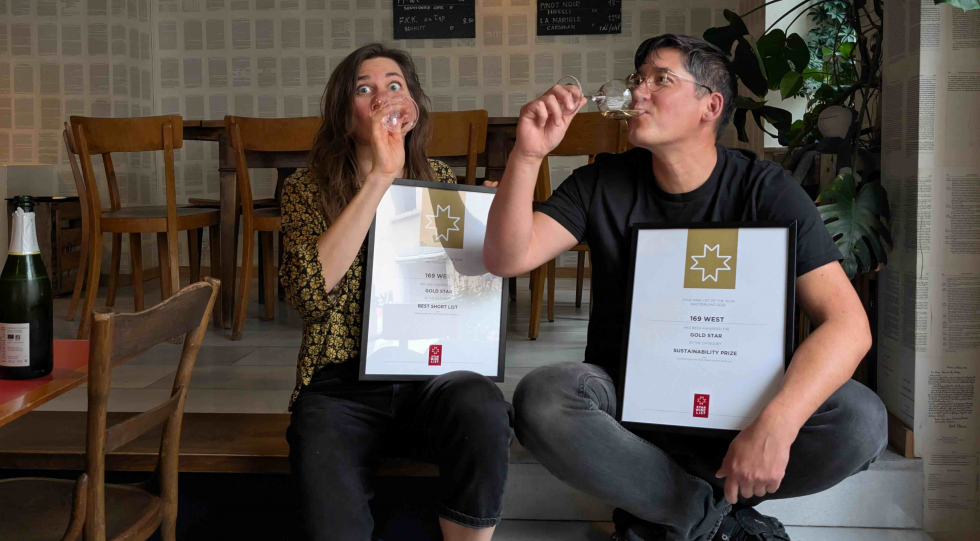 Lidia Pusterla and Kai Keong Ng of 169 West, Zurich, Switzerland with their Star Wine List of the Year Gold Star certificates.