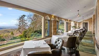 The terrace and vineyard views at Hardy’s Verandah, the restaurant at Mount Lofty House, in Crafers, South Australia.