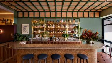 The bar and bottles at Le Bon Funk natural wine bar in Singapore.