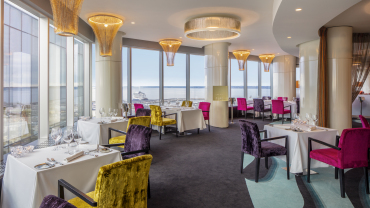 The dining room at city views at Horisont restaurant and wine bar at the Swissôtel Tallinn, Estonia.