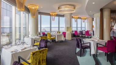The dining room at city views at Horisont restaurant and wine bar at the Swissôtel Tallinn, Estonia.