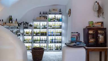 Oia Oenosart, a wine bar and restaurant in Santorini, Greece.