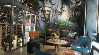 Bar and tables at. Dryck Vinbar wine bar in Stockholm, Sweden.