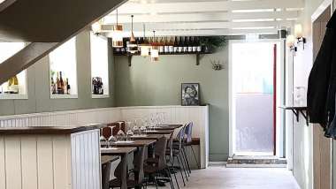 Interior of Vínstúkan Tíu Sopar wine bar in Reykjavik, Iceland.