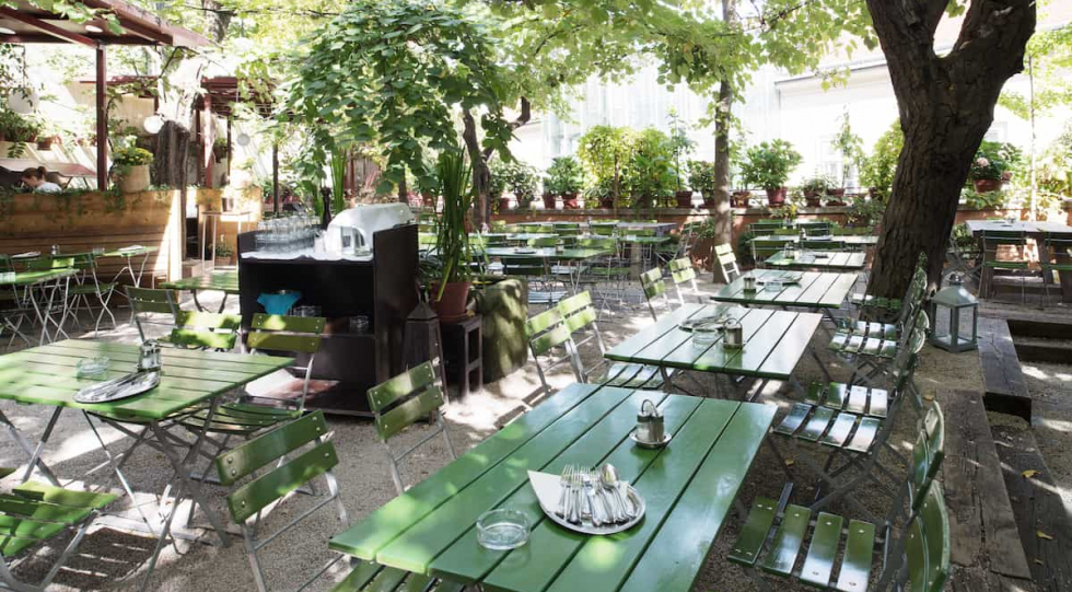 The terrace of Glacis Beisl restaurant, Vienna, Austria.