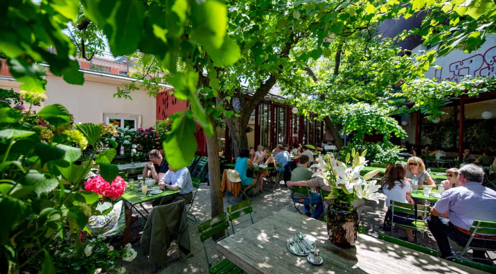 The terrace of Glacis Beisl restaurant, Vienna, Austria.
