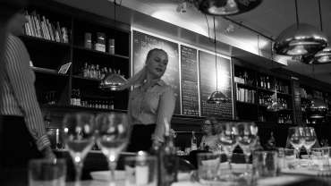 The bar and tables at Brasserie Elverket restaurant in Stockholm, Sweden.
