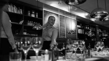 The bar and tables at Brasserie Elverket restaurant in Stockholm, Sweden.