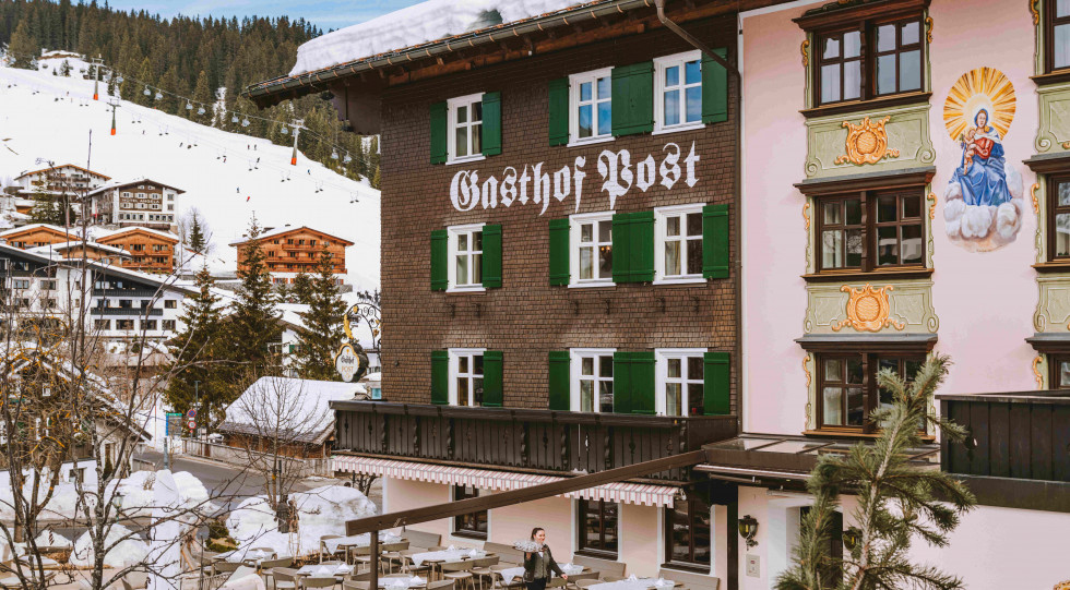 Exterior of Hotel Post Lech hotel/restaurant, Lech, Austria.