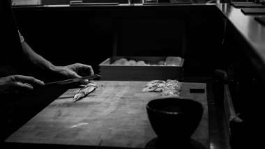 Chefs in the kitchen at Sushi Sho Michelin star restaurant in Stockholm, Sweden.