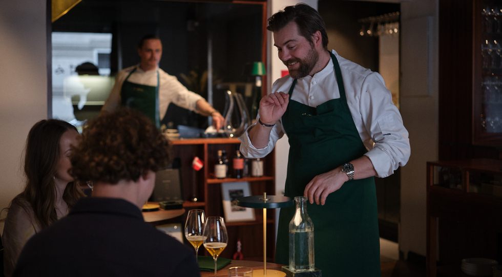 Table service at restaurant À Terre, Copenhagen, Denmark.