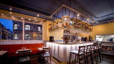 Interior and bar of Adria restaurant in Stockholm, Sweden.