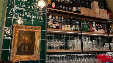 The bar of  Sundbybergs Vinbar - a wine bar in Stockholm, Sweden.