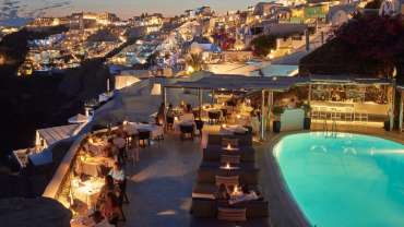 Petra Restaurant at Canaves Oia Hotel, a restaurant and hotel in Santorini, Greece.