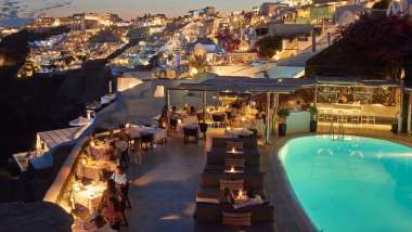 Petra Restaurant at Canaves Oia Hotel, a restaurant and hotel in Santorini, Greece.